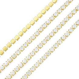 Honeyhandy Brass Rhinestone Strass Chains, Rhinestone Cup Chain, Imitate Fluorescent Style, Raw(Unplated), White Opal, 2x2mm, about 23.62 Feet(7.2m)/Strand