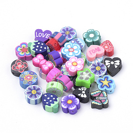 Handmade Polymer Clay Beads, Mixed Shape, Mixed Color, 8~11x8~11x4mm; 100pcs/bag