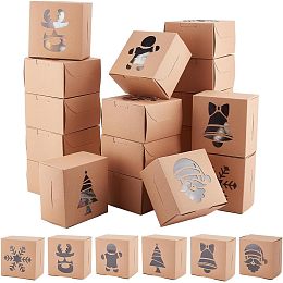 BENECREAT 24 Packs Brown Christmas Cookie Boxes, 3.94x3.94x2.48inch Kraft Cardboard Box with Xmas Decoration Shape Window for Cookies Goodies, Candies Sweets, Party Favor Supplies