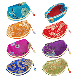 WADORN 14Pcs 7 Colors Retro Fan-Shaped Cloth Zipper Pouches, with Beads and Flower Pattern, Mixed Color, 6x10x6cm, 2pcs/color