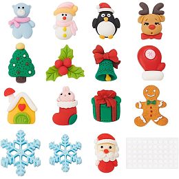 BENECREAT 30Pcs 15 Styles Christmas Theme Resin Slime Charms, Flatback Assorted Button Santa Tree Snowman Bell Cartoon with 60Pcs Acrylic Double-Sided Glue Point Dots for DIY Crafts Making