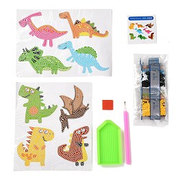 Honeyhandy DIY Dinosaur Diamond Painting Stickers Kits For Kids, with Diamond Painting Stickers, Rhinestones, Diamond Sticky Pen, Tray Plate and Glue Clay, Mixed Color, 19.7x14.4x0.03cm