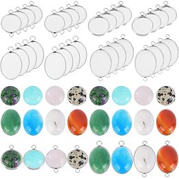 UNICRAFTALE 32pcs Flat Round and Oval Stone Pendant Stainless Steel Pendant Cabochon Settings Mixed Color Natural Mixed Stone Cabochons for DIY Jewelry Gift Making 2-2.5mm Hole