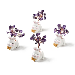 Honeyhandy Natural Gemstone Tree Display Decorations, Resin Rabbit Base Feng Shui Ornament for Wealth, Luck, Rose Gold, 26x42~49x62~64mm