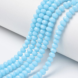 Opaque Solid Color Imitation Jade Glass Beads Strands, Faceted, Rondelle, Cyan, 8x6mm, Hole: 1mm, about 64~65pcs/strand, 40~41cm