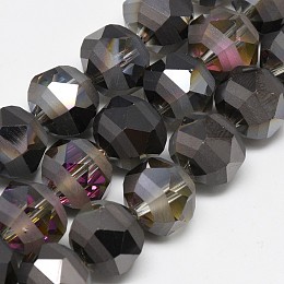 Honeyhandy Electroplate Glass Beads Strands, Rainbow Plated, Frosted, Faceted, Round, Black, 11~12x11~12mm, Hole: 1.5mm, about 50pcs/strand, 22.83 inch