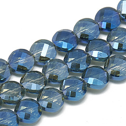 Honeyhandy Electroplate Glass Beads Strands, Rainbow Plated, Faceted, Flat Round, Dodger Blue, 8x5mm, Hole: 1.2mm, about 69~72pcs/strand, 21.26 inch