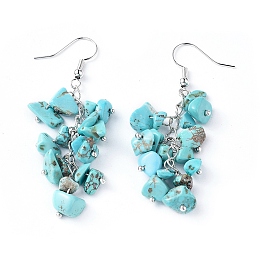 Honeyhandy Dangle Earrings, Cluster Earrings, with Synthetic Turquoise Chips and Platinum Plated Brass Earring Hooks, 60~63mm, Pin: 0.5mm