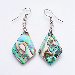 Honeyhandy Abalone Shell/Paua Shell Dangle Earrings, with Brass Findings, Rhombus, Platinum, 53~53.5mm, Pin: 0.7mm