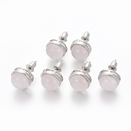 Honeyhandy Natural Rose Quartz Stud Earrings, with Brass Findings, Half Round, Platinum, 12mm, Pin: 0.8mm