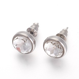 Honeyhandy 304 Stainless Steel Stud Earrings, with Rhinestone, Flat Round, Crystal, 10x6mm, Pin: 0.9mm