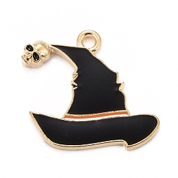 Honeyhandy Halloween Alloy Enamel Pandants, Light Gold, Witch Hat with Skull, Black, 19x22x2.5mm, Hole: 1.8mm