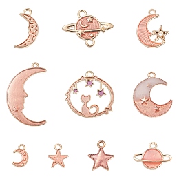 Honeyhandy 10Pcs 10 Style Alloy Enamel Pendants & Connector Charms, Moon/Star/Planet, Light Coral, Pendants: 11.5~32x7.5~23.5x1.5~3mm, Hole: 1~1.8mm, 9pcs; Link: 15x19x3mm, Hole: 1.6mm, 1pc