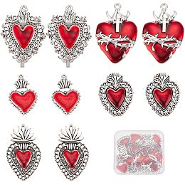 SUNNYCLUE 1 Box 20Pcs Heart Charms Gothic Style Sacred Heart Charms Bulk Antique Silver Red Heart Thistles Thorns Fancy Enamel Charm for Jewelry Making Charms Valentine's Day DIY Crafts Supplies