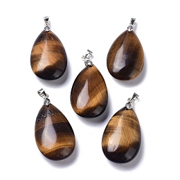 Honeyhandy Natural Tiger Eye Pendants, with Brass Finding, Teardrop, 35x20x7.5~9mm, Hole: 4x3.5mm