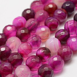 Honeyhandy Faceted Natural Striped Agate/Banded Agate Beads Strands, Round, Dyed & Heated, Magenta, 4mm, Hole: 0.8mm, about 86pcs/strand, 14 inch(35.6cm)