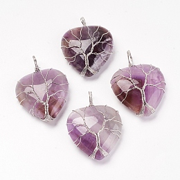 Honeyhandy Natural Amethyst Pendants, with Brass Findings, Heart, Platinum, 39~42x30~31x10~11mm, Hole: 5mm