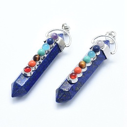 Honeyhandy Chakra Jewelry, Natural Lapis Lazuli Double Terminated Pointed Pendants, with Natural & Synthetic Mixed Stone Alloy Findings, Bullet, Platinum, 58~61x16.5~18x15.5~16mm, Hole: 4.5x7.5mm