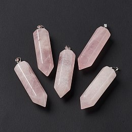 Honeyhandy Natural Rose Quartz Double Terminated Pointed Pendants, with Platinum Tone Brass Findings, Bullet, 39x10x10mm, Hole: 3x6mm