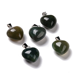 Honeyhandy Natural Moss Agate Pendants, with Platinum Brass Loops, Heart, 18~19x15~15.5x7.5~10mm, Hole: 6x2.5~3mm