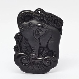 Honeyhandy Natural Obsidian Large Cameo Pendants, Chinoiserie Jewelry Pendants, Elephant, 53~55x37~39x10~12mm, Hole: 2mm