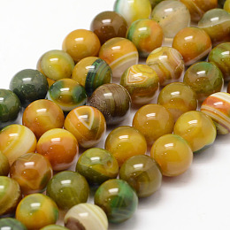 Honeyhandy Natural Striped Agate/Banded Agate Bead Strands, Round, Grade A, Dyed & Heated, Yellow Green, 10mm, Hole: 1mm, about 37~38pcs/strand, 14.5 inch