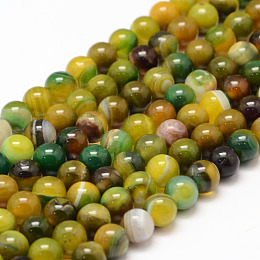 Honeyhandy Natural Striped Agate/Banded Agate Bead Strands, Round, Grade A, Dyed & Heated, Yellow Green, 6mm, Hole: 1mm, about 62~63pcs/strand, 14.5 inch