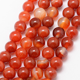 Honeyhandy Natural Striped Agate/Banded Agate Bead Strands, Round, Grade A, Dyed & Heated, Orange Red, 8mm, Hole: 1mm, about 47pcs/strand, 15 inch