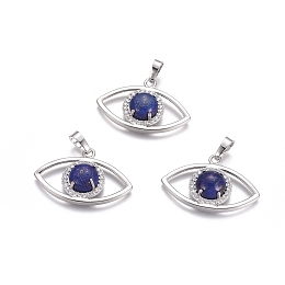 Honeyhandy Natural Lapis Lazuli Pendants, with Platinum Tone Brass Findings and Crystal Rhinestone, Eye, Dyed, 21.5x33.3x7.5mm, Hole: 7x5mm