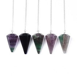 Honeyhandy Natural Fluorite Hexagonal Pointed Dowsing Pendulums, with Copper Clad Iron Cross Chains, Cone/Spike, Platinum, 255~260mm, Hole: 2mm