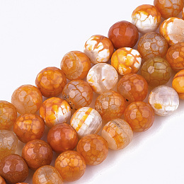 Honeyhandy Natural Crackle Agate Beads Strands, Dyed, Faceted, Round, Dark Orange, 10mm, Hole: 1mm, about 37~38pcs/strand, 14.4~14.9 inch