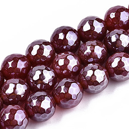 Honeyhandy Electroplate Natural Agate Beads Strands, Dyed, Faceted, Pearl Luster Plated, Round, Dark Red, 10.5mm, Hole: 1.2mm, about 36~37pcs/strand, 14.37 inch~14.57 inch(36.5cm~37cm)