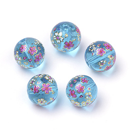 Arricraft Printed Glass Beads, Round with Flower Pattern, Dodger Blue, 11~12x11mm, Hole: 1.5mm