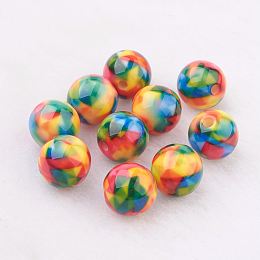 Honeyhandy Spray Painted Resin Beads, with Pattern, Round, Colorful, 10mm, Hole: 2mm