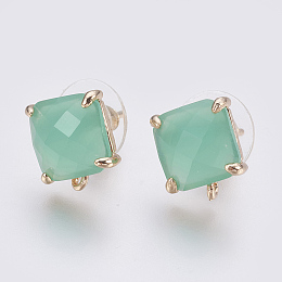 Honeyhandy Faceted Glass Stud Earring Findings, with Loop, Light Gold Plated Brass Findings, Square, Medium Aquamarine, 11x10x5mm, Hole: 1mm, Pin: 0.8mm