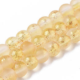 Honeyhandy Frosted Spray Painted Glass Beads Strands, with Golden Foil, Round, Gold, 4~5mm, Hole: 0.9~1.2mm, about 95~103pcs/Strand, 13.78 inch~14.88 inch(35~37.8cm)