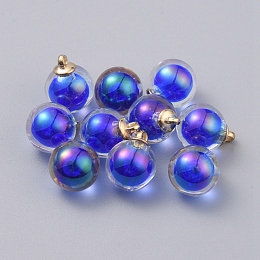 ARRICRAFT AB Color Transparent Acrylic Pendants, Bead in Bead, with CCB Plastic Pendant Bails, Round, Light Gold, Blue, 20x16mm, Hole: 2mm