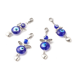 Honeyhandy Wings & Heart Tibetan Style Alloy Pendant Decorates, with Evil Eye Lampwork Beads & 304 Stainless Steel Lobster Claw Clasps, Medium Blue, 57mm