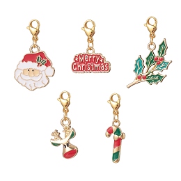 Christmas Alloy Enamel Pendant Decorations Sets, with 304 Stainless Steel Lobster Claw Clasps, Christmas Reindeer & Santa Claus & Holly Leaf & Candy Cane, Mixed Color, 25~37mm, 5pcs/set