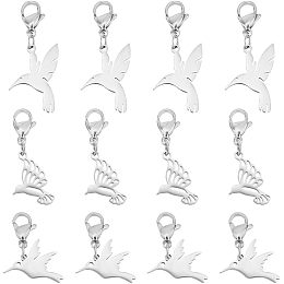 UNICRAFTALE 12pcs 3 Styles 201 Stainless Steel Bird Pendant with Lobster Clasp Metal Flat Blank Hollow Hummingbirds Jewelry Accessory with Clasp for Keychain Purse Backpack Ornament