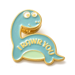 Honeyhandy Alloy Enamel Brooches, Enamel Pin, Dinosaur with I Rawr You, Turquoise, 26x26x9mm