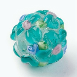 Honeyhandy Handmade Lampwork Beads, Rondelle with Flower, Bumpy, Turquoise, 14~15x12~13mm, Hole: 1.5~1.8mm