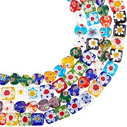 OLYCRAFT 192Pcs Millefiori Lampwork Glass Beads 4 Strands Handmade Glass Beads Square Heart Coloured Glaze Beads 0.5mm Hole for Jewelry Making 8x8x3mm