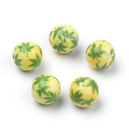 Honeyhandy Opaque Printed Acrylic Beads, Round with Pot Leaf/Hemp Leaf Pattern, Yellow Green, 10x9.5mm, Hole: 2mm