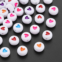 Honeyhandy Acrylic Beads, Flat Round with Heart, Mixed Color, 7x4mm, Hole: 1mm, about 3600pcs/500g