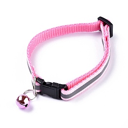 Honeyhandy Adjustable Polyester Reflective Dog/Cat Collar, Pet Supplies, with Iron Bell and Polypropylene(PP) Buckle, Pink, 21.5~35x1cm, Fit For 19~32cm Neck Circumference