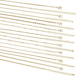 BENECREAT 9Pcs 9 Style 18K Gold Plated Brass Chain Necklaces Set, Bulk Metal Chains with 1Pc Metallic Wire Twist Ties for Jewelry Making