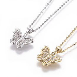 Honeyhandy 304 Stainless Steel Pendant Necklaces, with Brass Cubic Zirconia Pendants, Butterfly, Mixed Color, 17.32 inch~17.71 inch(44~45cm), Pendant: 13x16x3mm