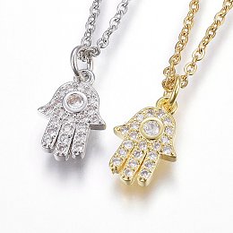 Honeyhandy 304 Stainless Steel Pendant Necklaces, with Cubic Zirconia, Hamsa Hand, Clear, Mixed Color, 17.71 inch(45cm)