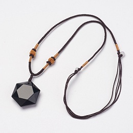 Honeyhandy Natural Obsidian Pendant Necklaces, with Nylon Cord, 10.6 inch~13.7 inch(27cm~35cm)